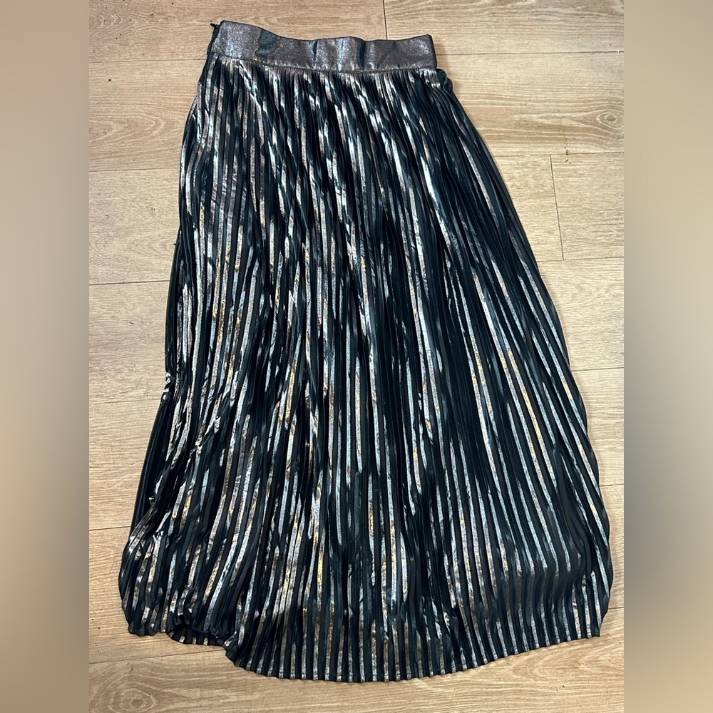 ba&sh Black Silver Metallic Pleated Midi Skirt Size 0 XS French Designer
